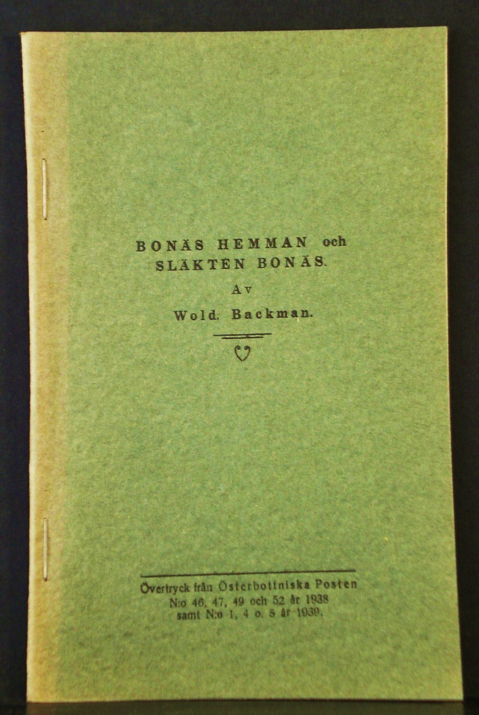 WOLDEMAR BACKMAN Bonäs hemman och släkten Bonäs