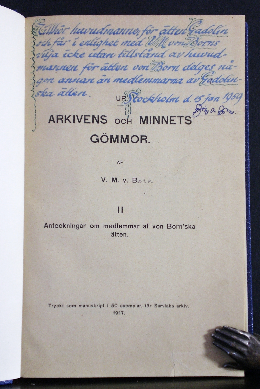 V. M. von BORN Anteckningar om medlemmar af von Born'ska ätten (1917)