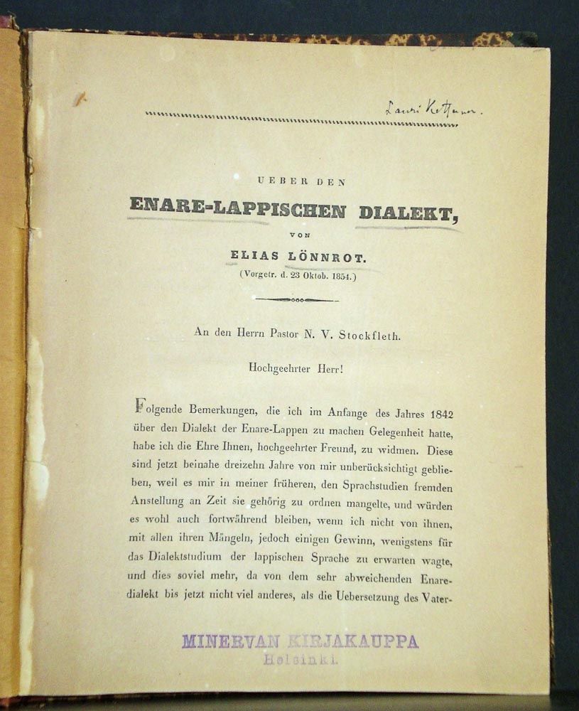 Elias Lönnrot Ueber den Enare-lappischen Dialekt (1856)