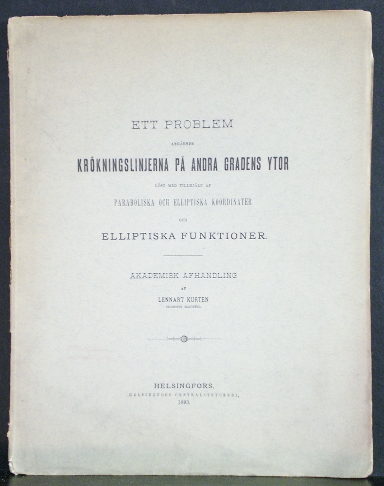 Ett problem angående krökningslinjerna på andra gradens ytor löst med tillhjälp af paraboliska och elliptiska koordinater och elliptiska funktioner (1893)