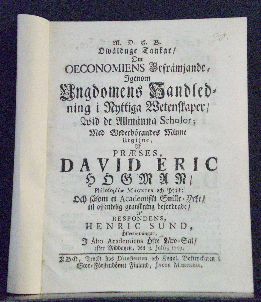 Owälduge tankar, om oeconomiens befrämjande, igenom ungdomens handledning i nyttiga wetenskaper, wid de allmänna scholor (1759)