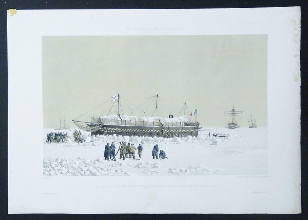 Cicéri, Eugéne - Bayot, A. - Morel Fatio, Antoine: Nos souvenirs de Kil-Bouroun. La batterie flottante la tonnante se fortifiant dans les glaces devant Kil-Bouroun