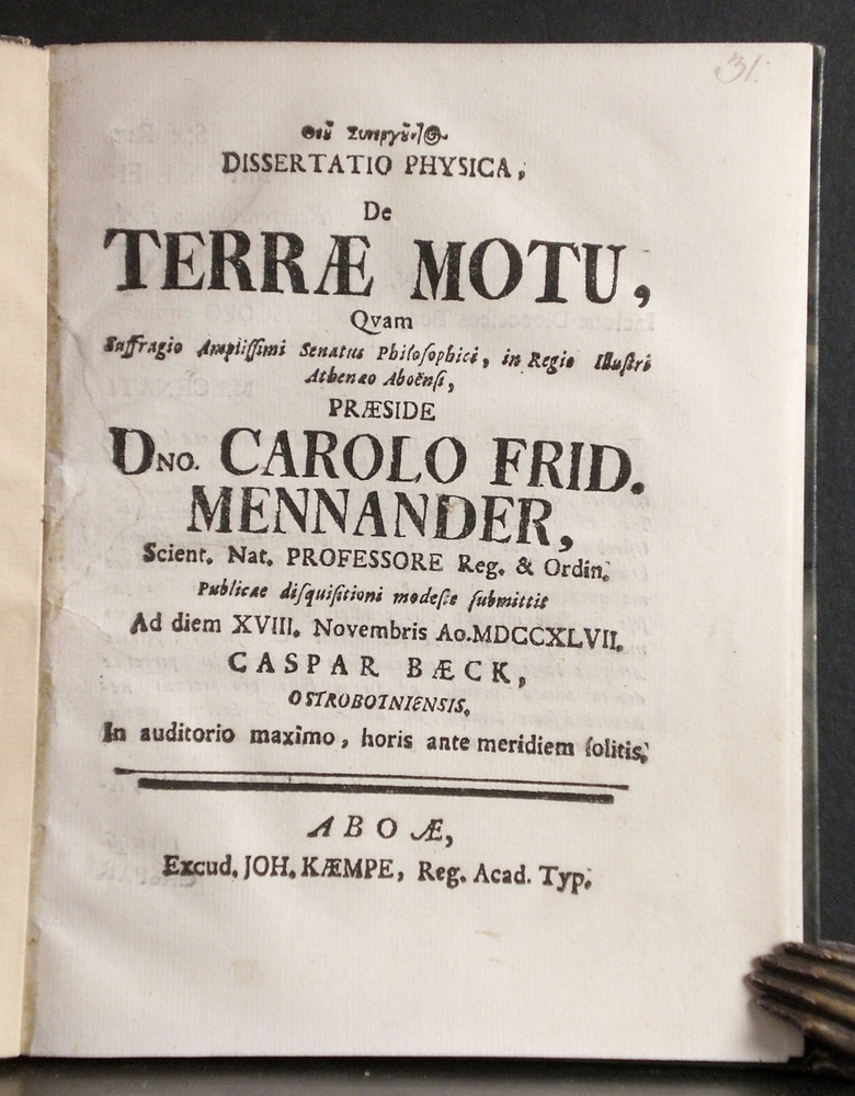 MENNANDER CARL FREDRIK Dissertatio physica, de Terrae Motu (1747)