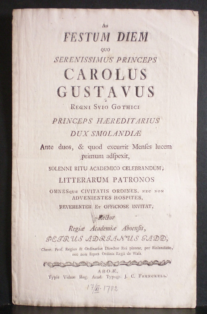 Ad festum Diem quo serenissimus princeps Carolus Gustavus (1782)