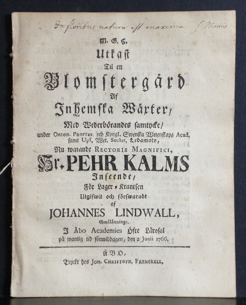KALM PEHR Utkast til en blomstergård af inhemska wäxter (1766)