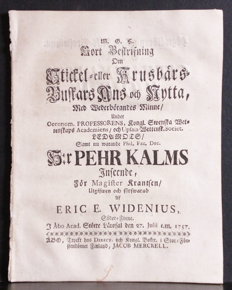 KALM PEHR Kort beskrifning om stickel- eller krusbärs-buskars ans och nytta (1757)