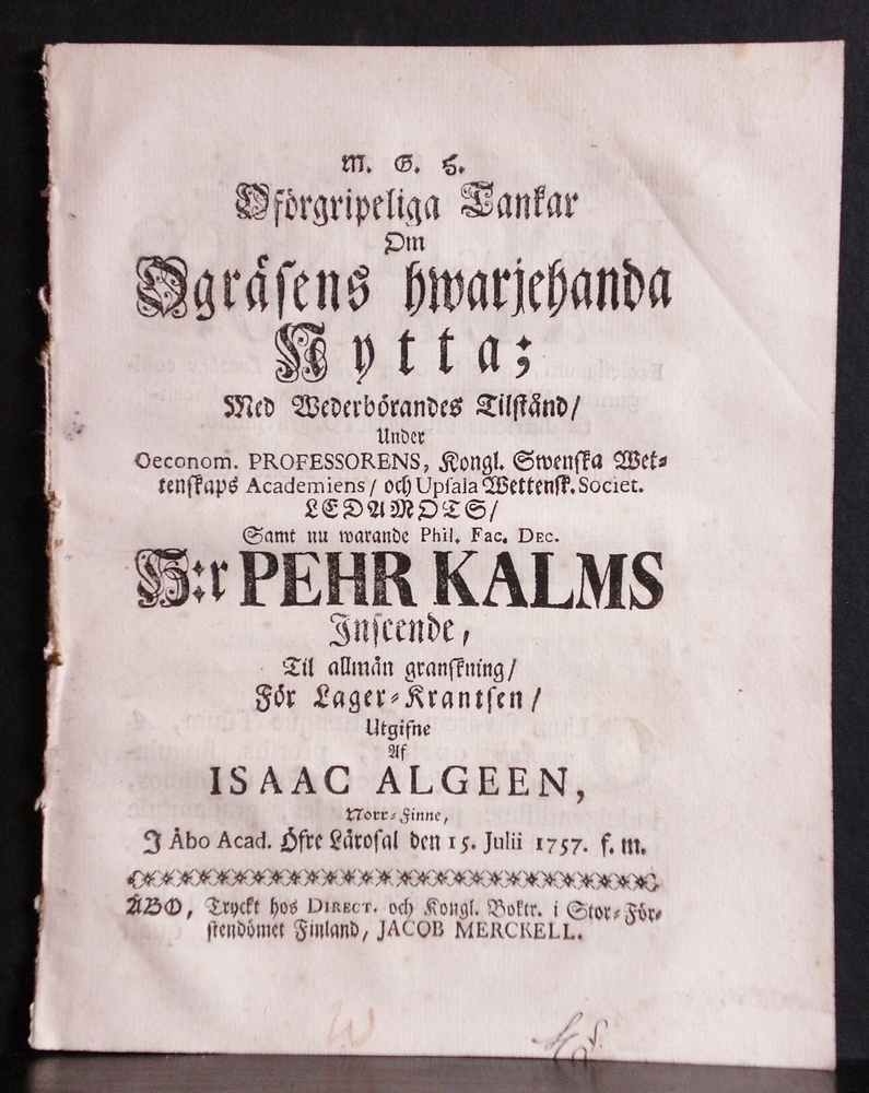 KALM PEHR Om ogräsens hwarjehanda nytta (1757)