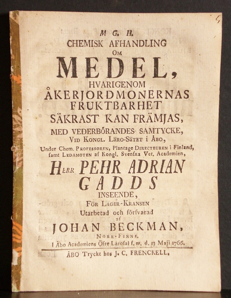 GADD PEHR ADRIAN Om medel, hvarigenom åkerjordmonernas fruktbarhet säkrast kan främjas (1766)