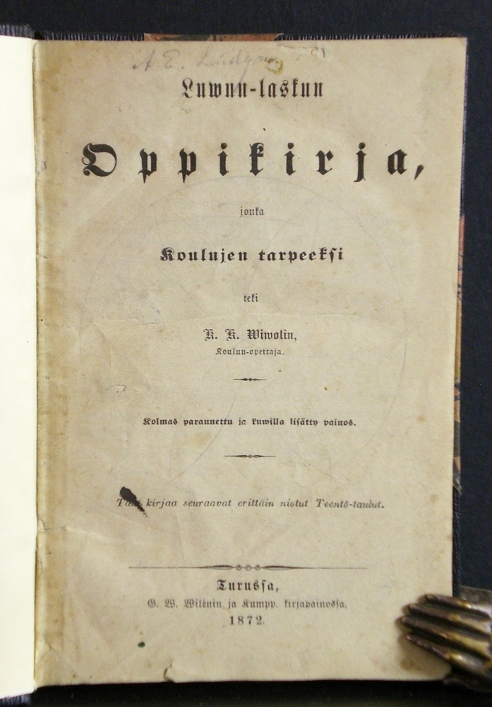WIVOLIN KARL GUSTAV Luwun-laskun oppikirja, koulujen tarpeeksi