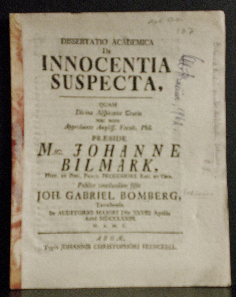 Bilmark, Johannes: De innocentia suspecta. Resp. Joh. Gabriel Bomberg - väitöskirjat