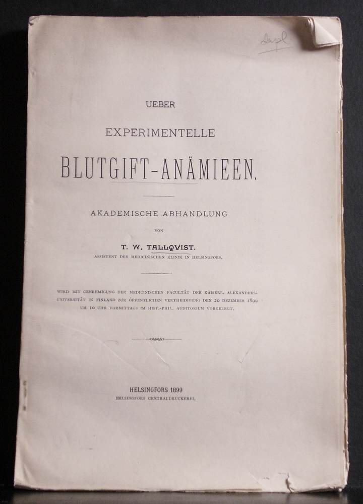 T. W. TALLQVIST Ueber experimentelle Blutgift-Anämieen (1899)