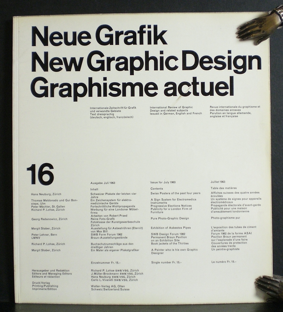 Lohse, Richard L. et al , editor: Neue Grafik. New Graphic Design. Graphisme actuel. 16, Juli 1963