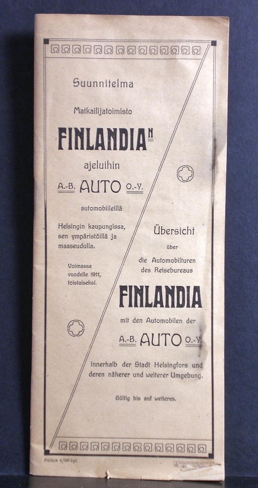 Suunnitelma Matkailijatoimisto Finlandian ajeluihin A.B. Auto O.Y automobiileillä Helsingin kaupungissa, ja sen ympäristöllä ja maaseudulla (1911)
