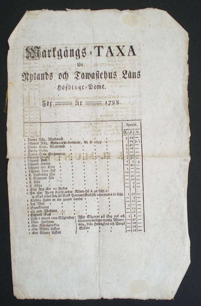 Markgångs -Taxa uti Nylands och Tavastehus Läns höfdinge-döme för år 1798