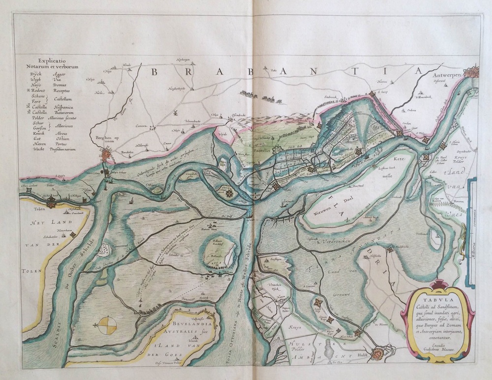 Blaeu, W. J.: Tabula Castelli Ad Sandflitam, qua simul inundati agri, alluviones, fossae, alvei, quae Bergas ad Zomam et Antverpiam interjacent, annotantur