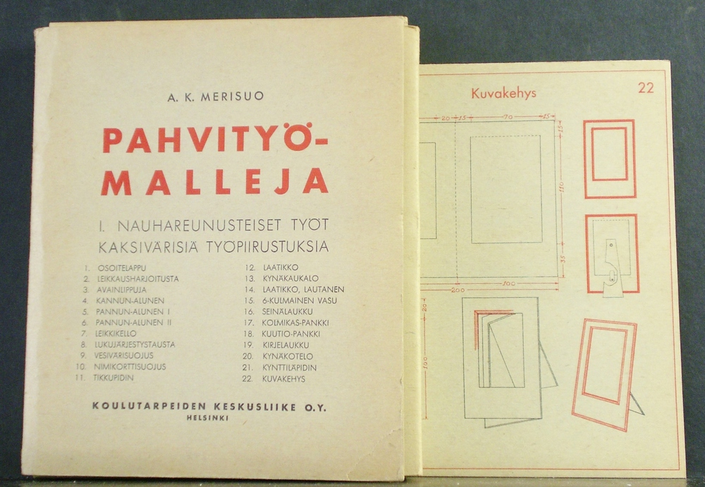 Merisuo, A.K.: Pahvityömalleja. I. Nauhareunusteiset työt. Kaksivärisiä työpiirustuksia (1937)