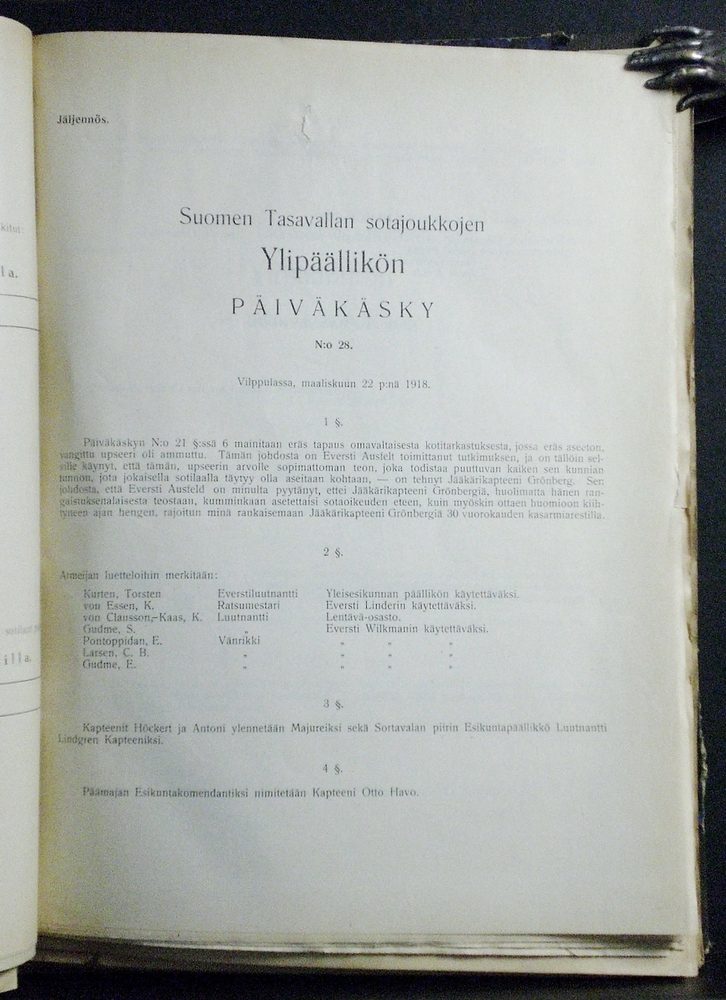 Suomen Tasavallan sotajoukkojen Ylipäällikön päiväkäsky N.o 1-74. Dagorder N:o 1- 74 till Republiken Finlands samtliga försvarstyrkor.