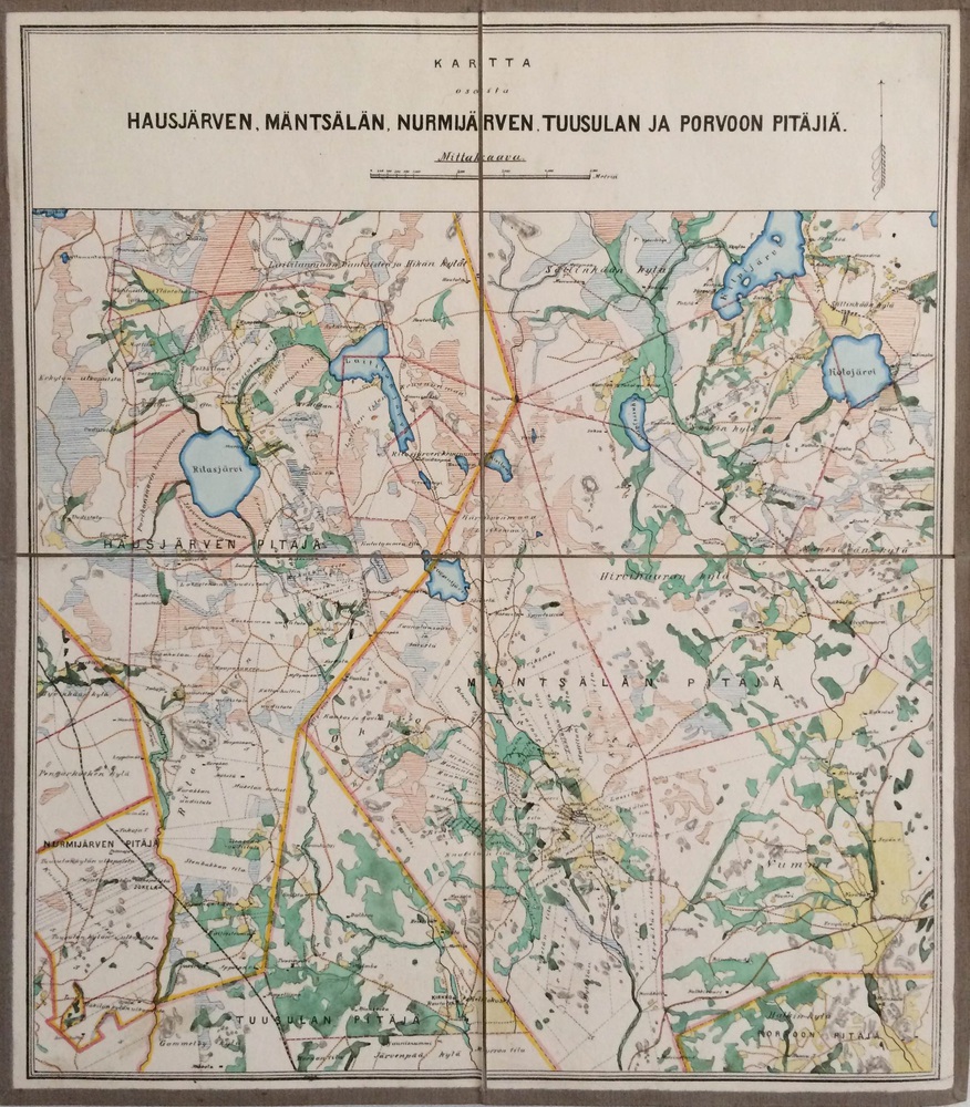Kartta osasta Hausjärven, Mäntsälän, Nurmijärven, Tuusulan ja Porvoon pitäjiä