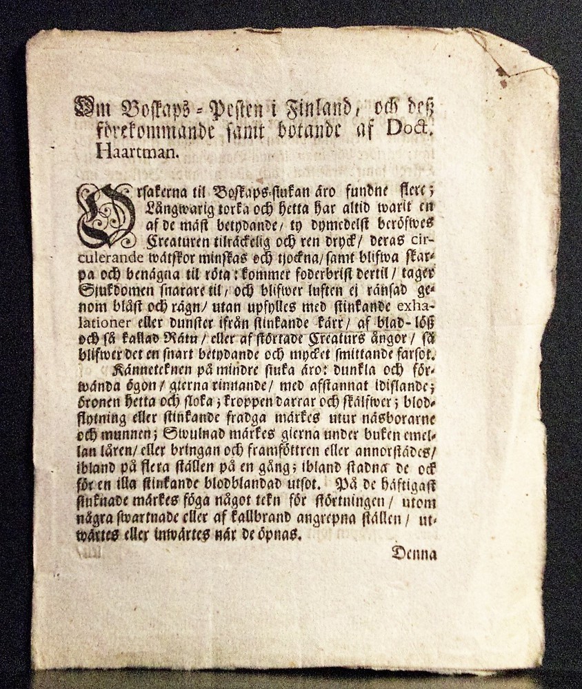 JOHANNES HAARTMAN Om boskaps-pesten i Finland (1761)