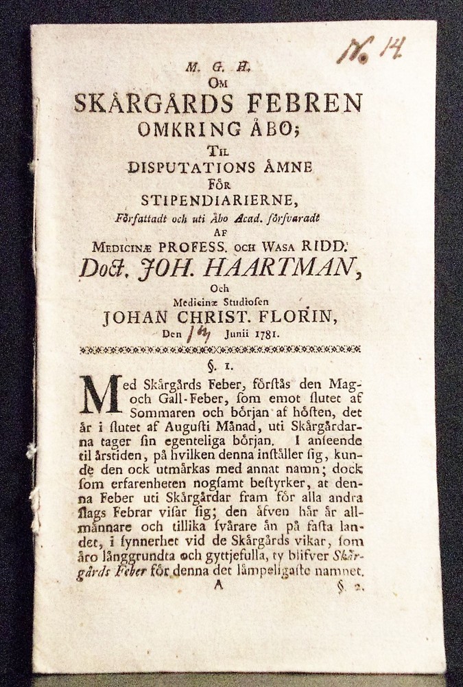 JOHANNES HAARTMAN Om skärgårds febren omkring Åbo (1781)