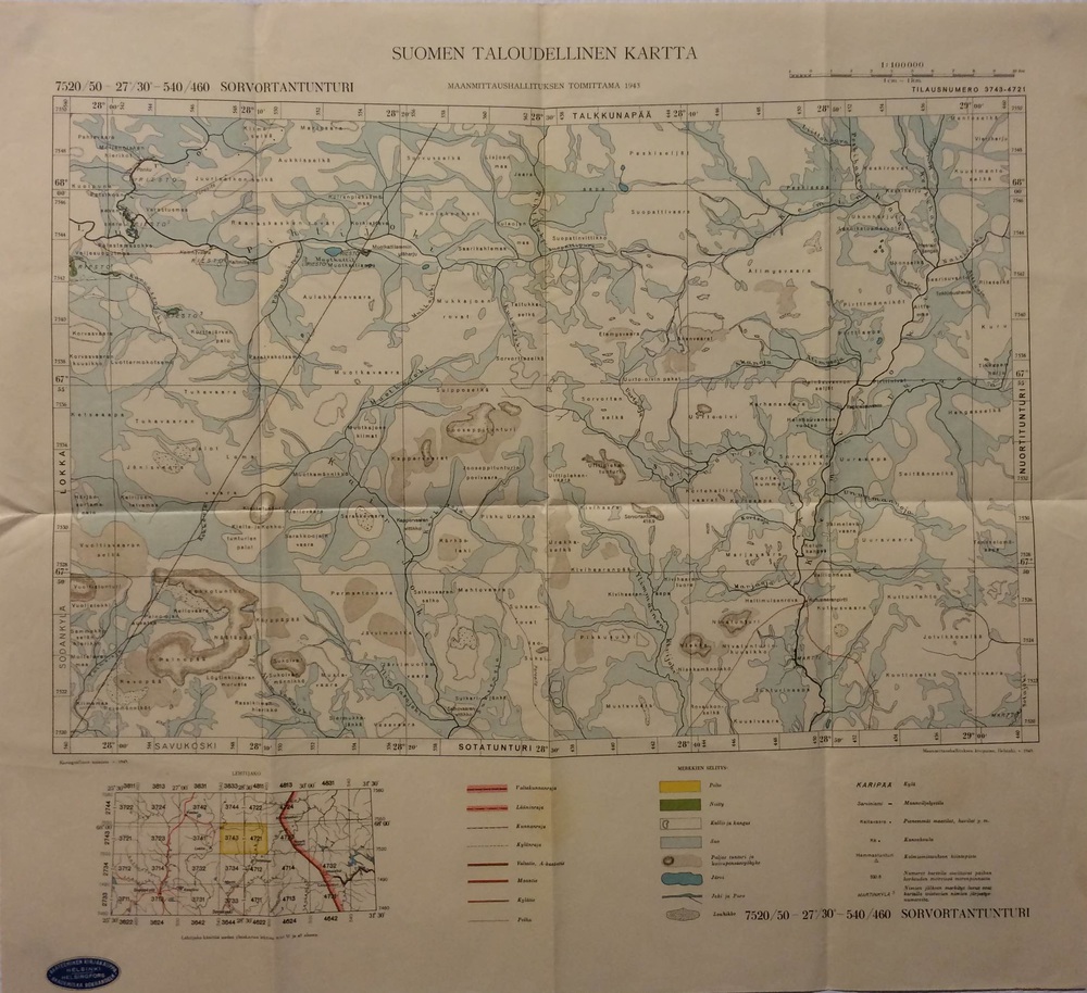 Sorvortantunturi. Suomen taloudellinen kartta (1943)