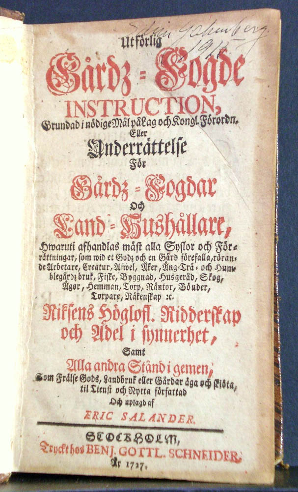 ERIC SALANDER Utförlig Gårdz-Fogde Instruction (1727)