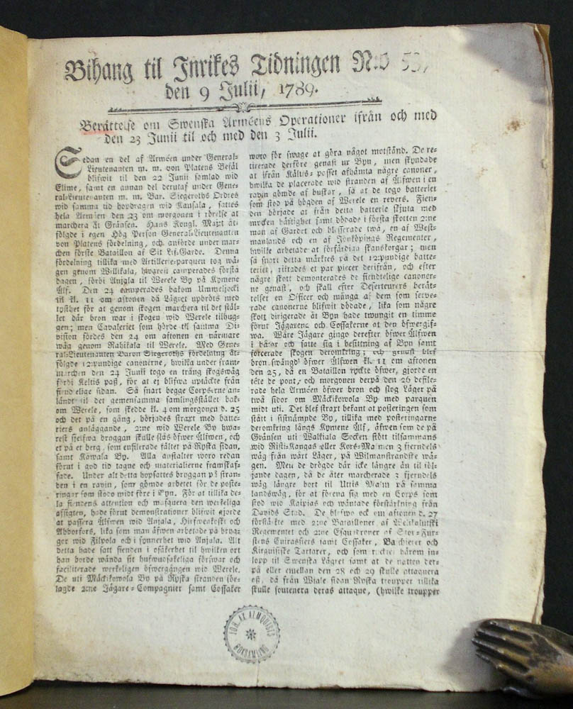 Berättlese om Swenska Arméens Operationer ifrån och med den 23 Junii til och med den 3 Julii. Bihang til Inrikes Tidningen N:o 53, den 9 Julii, 1789