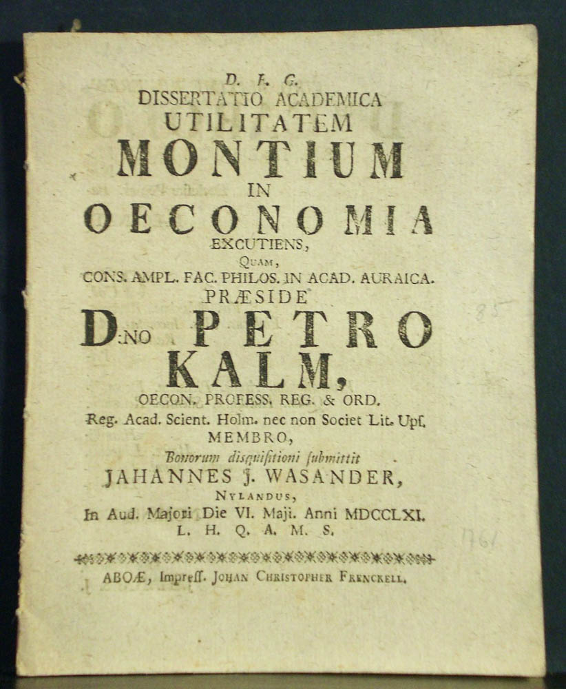 PEHR KALM Utilitatem montium in oeconomia excutiens (1761)