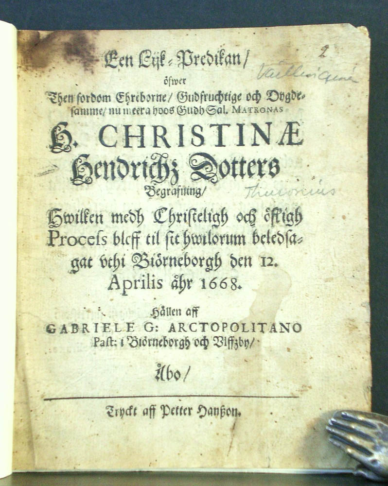 Arctopolitano, Gabriele G.: Een Lijk-Predikan öfwer : Matronas H. Christinae Hendrichz Dotters begrafning åhr 1668