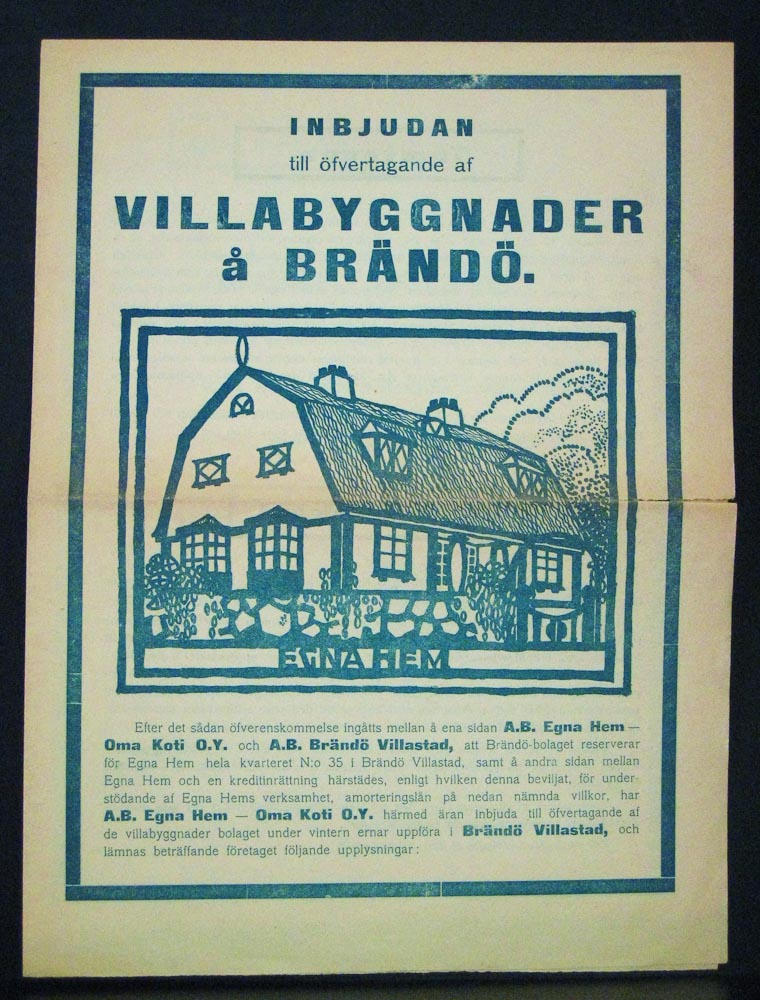 Helsinki - Helsingfors.: Inbjudan till öfvertagande af villabyggnader å Brändö - kaupungit