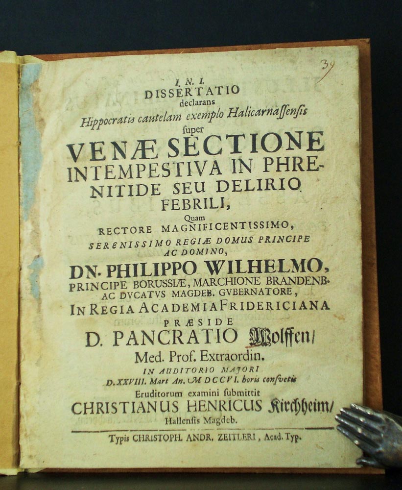 Dissertatio declarans Hippocratis cautelam exemplo Halicarnaffenfis Venae sectione intempestiva in phrenitide seu delirio febrili (1706)