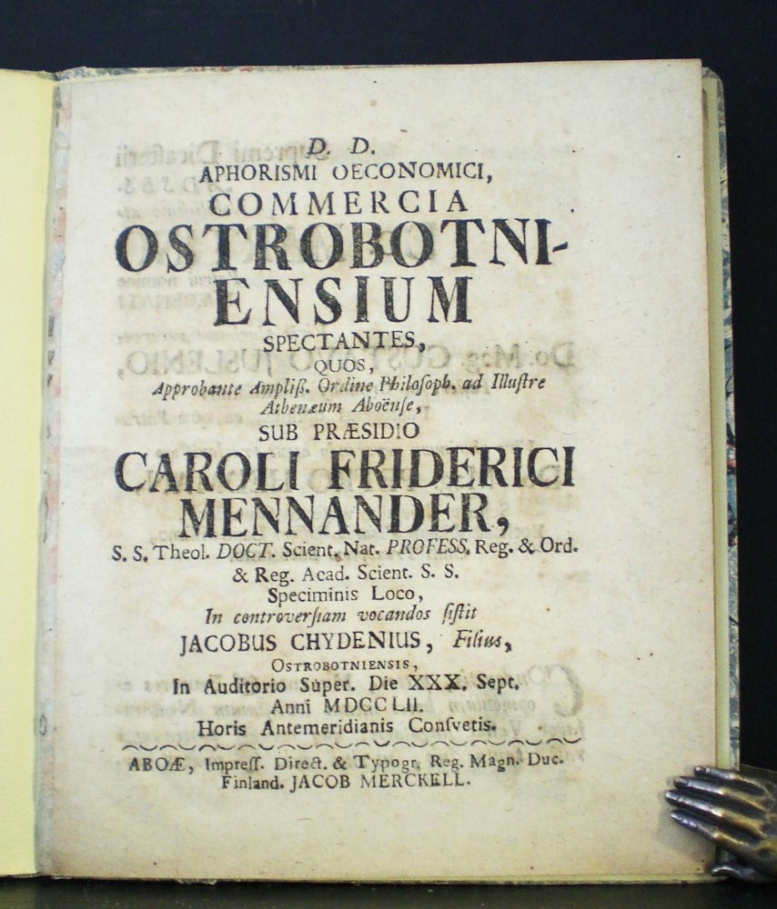 Mennander, Carolus Fridericus: Aphorismi oeconomici, commercia Ostrobotniensium spectantes. Resp. Jacobus Chydenius