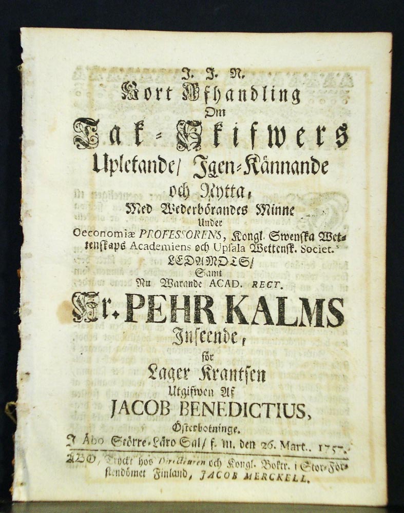 PEHR KALM Om tak-skifwers upletande, igen-kännande och nytta (1757)