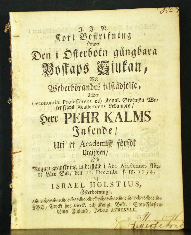 PEHR KALM Kort beskrifning öfwer den i Österbotn gångbara boskaps sjukan (1754)