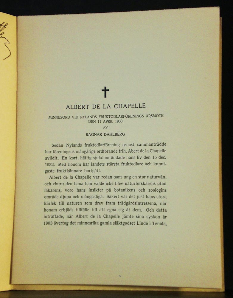 Albert de la Chapelle. Minnesord vid Nylands fruktodlarförenings årsmöte den 11 april 1933
