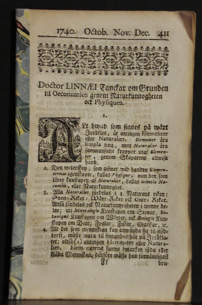 Doctor Linnaei Tanckar om Grunden til Oeconomien genem Naturkunnogheten och Physiquen (1740)
