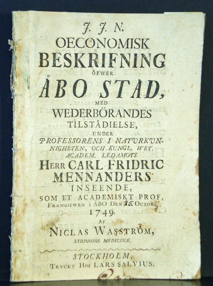 Wasström, Niclas: Oeconomisk beskrifning öfwer Åbo stad. Resp. Carl Fridric Mennander
