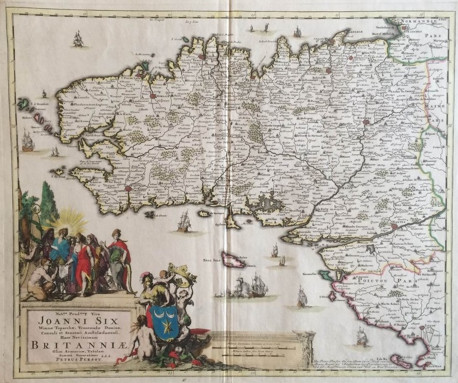 de Wit, F.: Britanniae Olim Armoricae Tabulam Summa Veneratione d.d.d. Petrus Persoy. - Nobme Prudmoo Viro JOANNI SIX Wimnae Toparchae Vronmadae Domino Consuli et Senatori Amstelaedamensi Hanc Novissimam