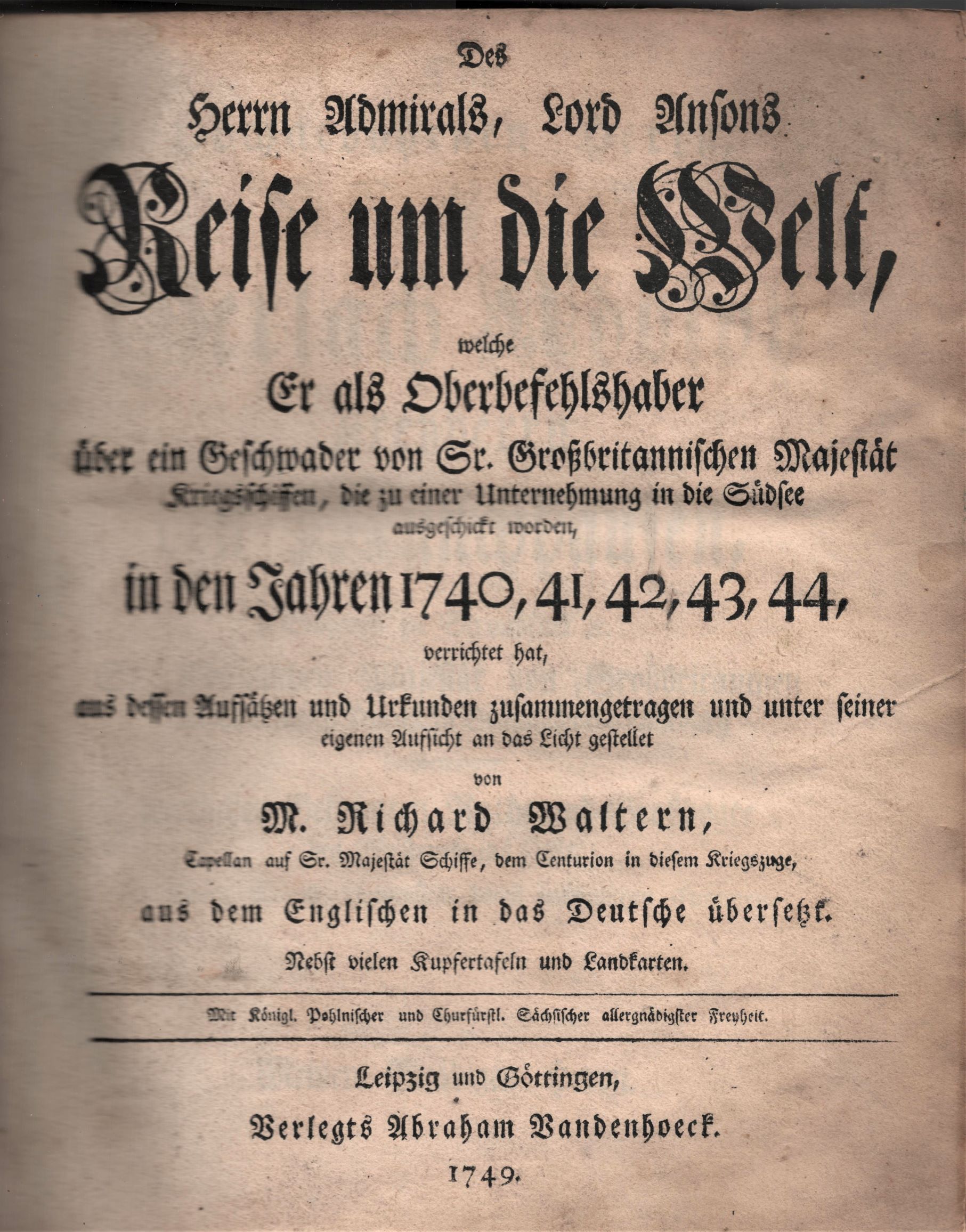 Des Herrn Admirals, Lord Ansons Reise um die Welt