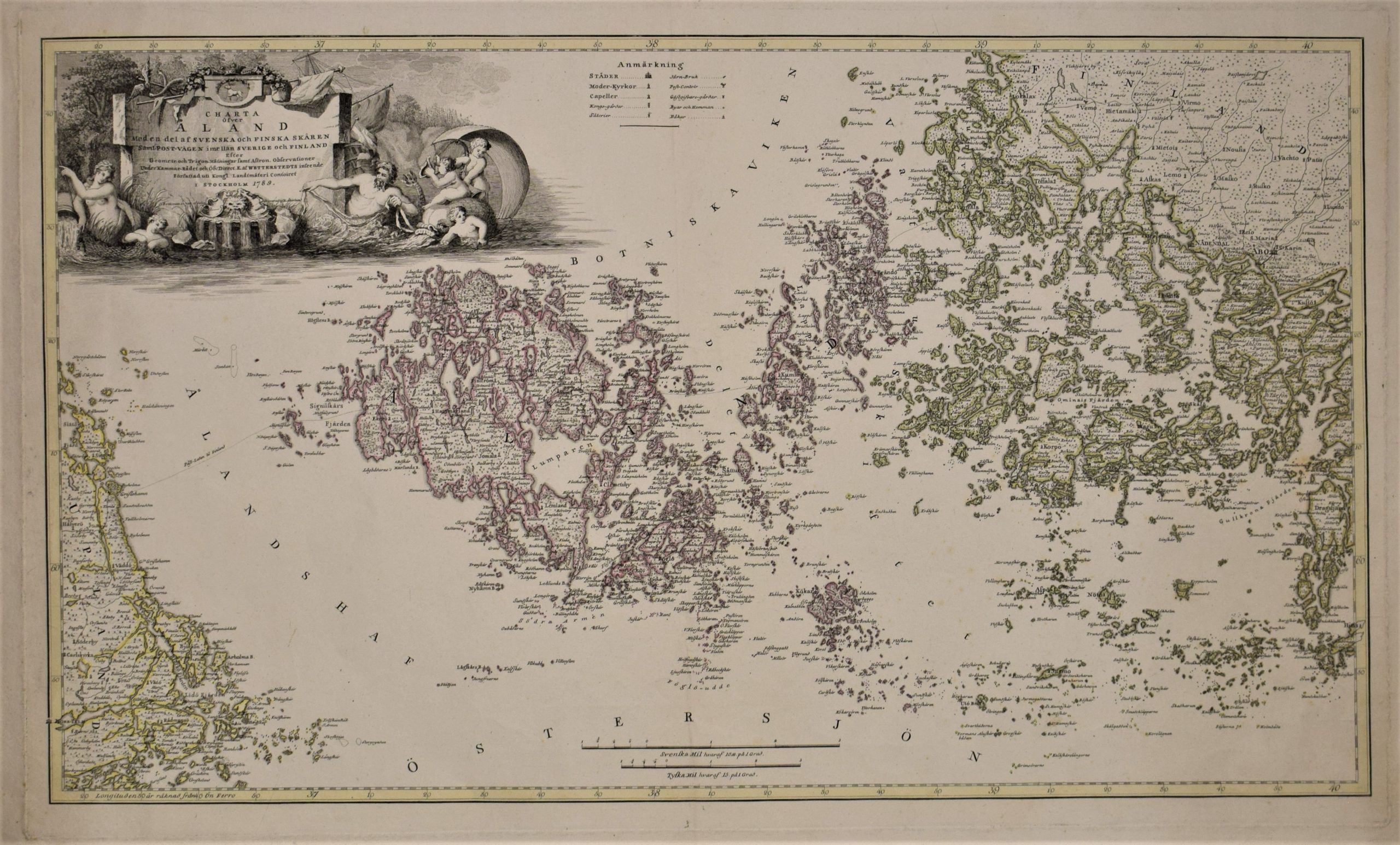 Rare 1789 copper engraving map of Åland islands and the Archipelago sea by Eric af Wetterstedt, featuring the historical postal route. | Wetterstedtin Ahvenanmaa-kartta vuodelta 1789. | Wetterstedts karta över Åland från 1789.
