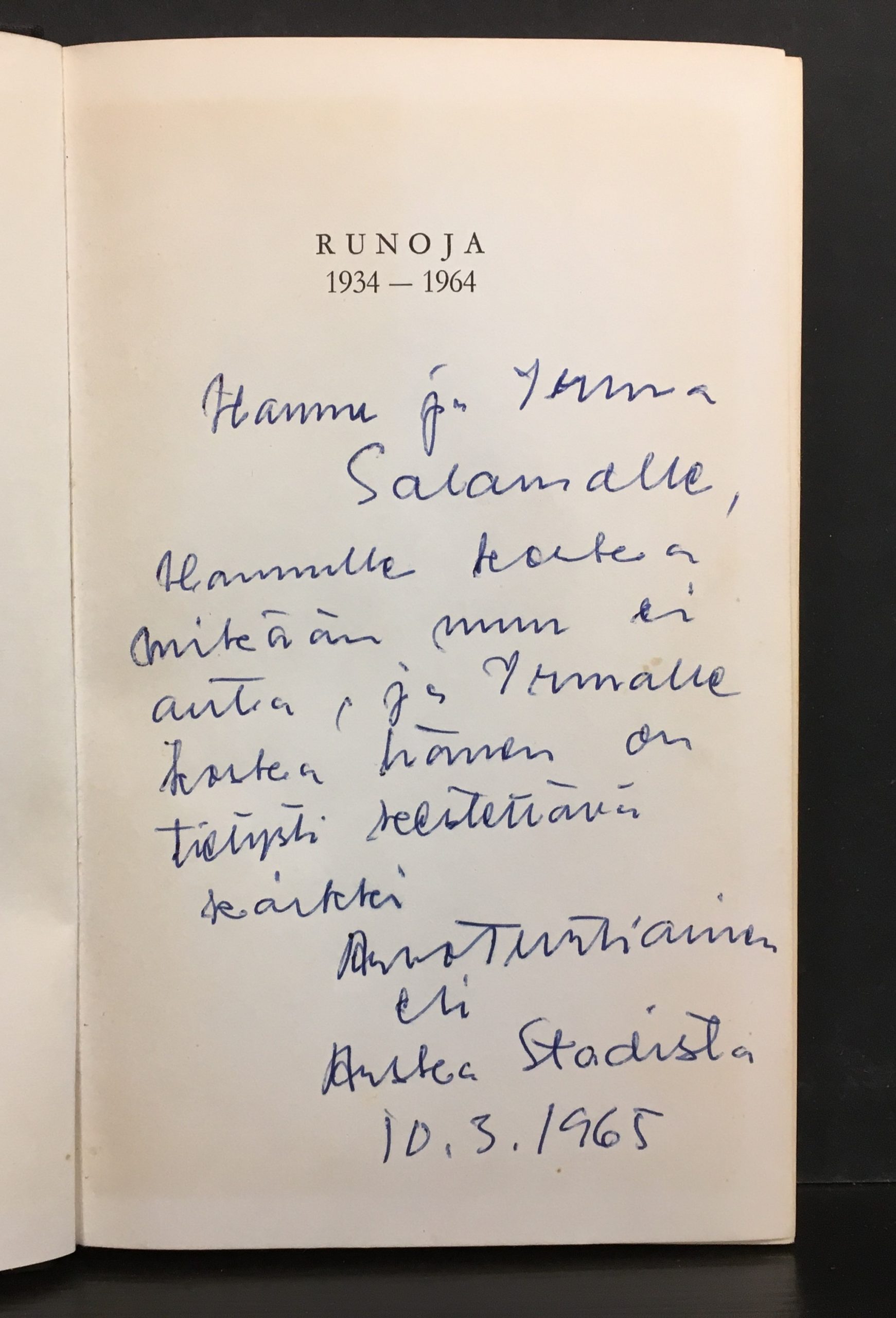 Turtiainen, Arvo: Runoja 1934-1964 (*omiste Hannu Salamalle) - Image 2