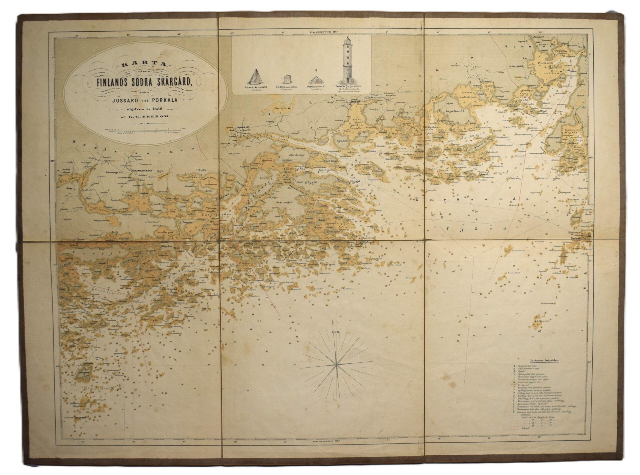 Antique 1880 sea chart of the Finnish coast (Jussarö–Porkkala) by K.G. Ekebom, three-toned lithograph. / Ekebomin merikortti Jussarä-Porkkala. / Ekeboms sjökort på linneväv.