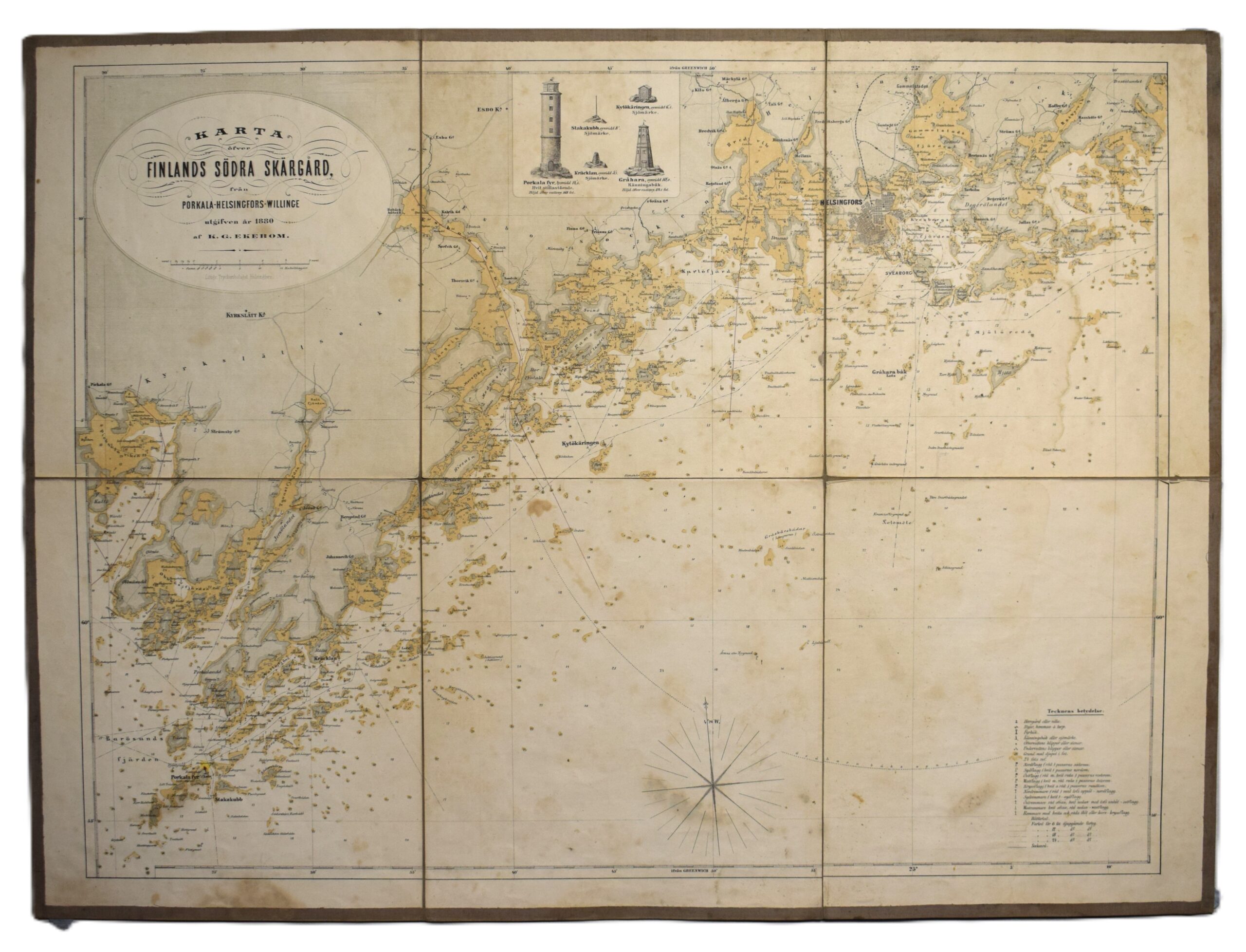 Antique 1880 sea chart of the Finnish coast (Porkkala–Helsinki-Villinki) by K.G. Ekebom, three-toned lithograph. | Ekebomin merikortti Porkkalanniemi-Helsinki-Villinki. | Ekeboms sjökort över Porkala - Helsingfors - Villinge, 1880.