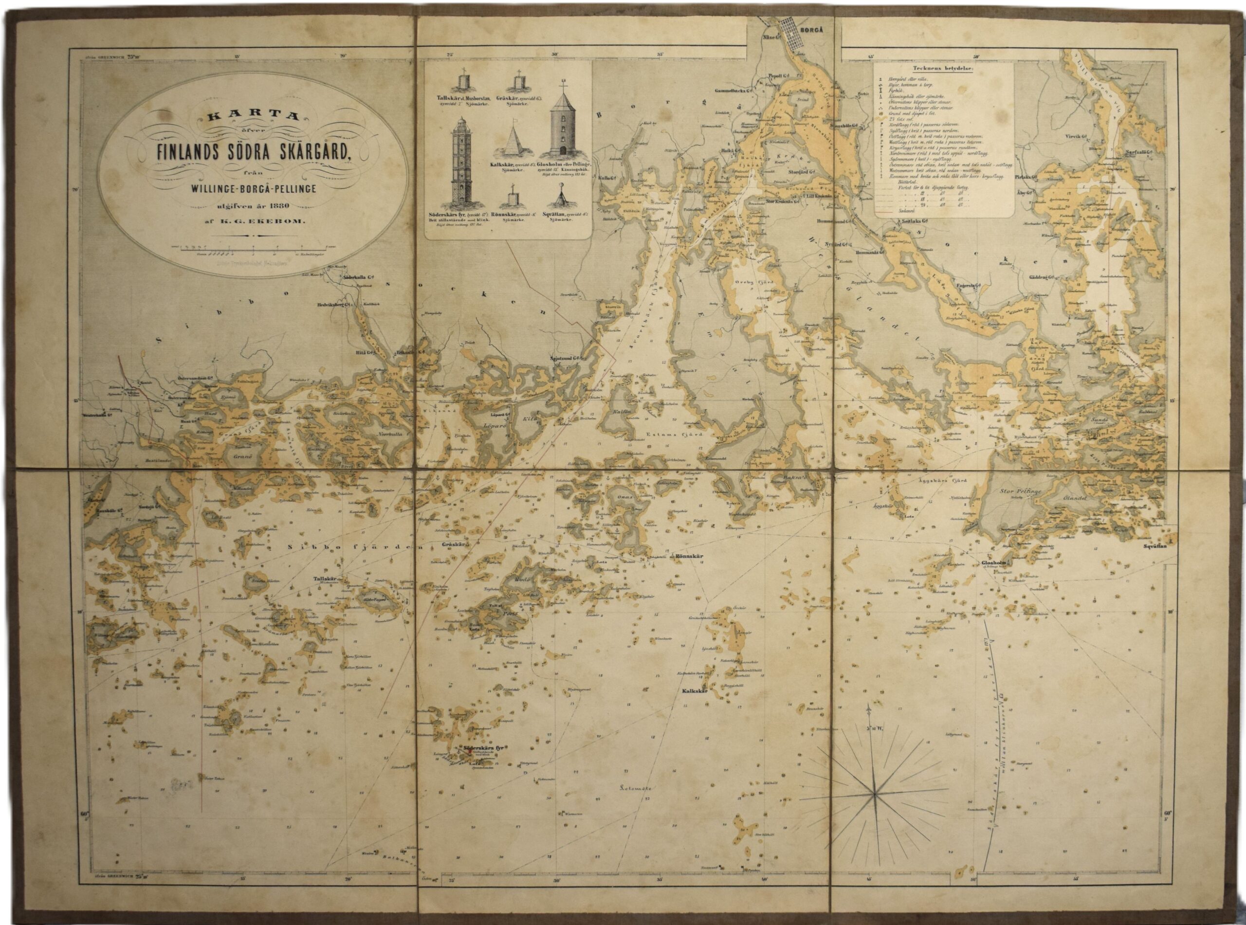 Ekebom Sea chart Sipoo archipelago. Antique 1880 sea chart of the Finnish coast (Willinge-Borgå-Pellinge) by K.G. Ekebom, three-toned lithograph. | Ekebomin merikortti Sipoon ja Porvoon saaristosta, 1880. | Ekeboms sjökort över Sibbo skärgård och Borgå skärgård. 1880.