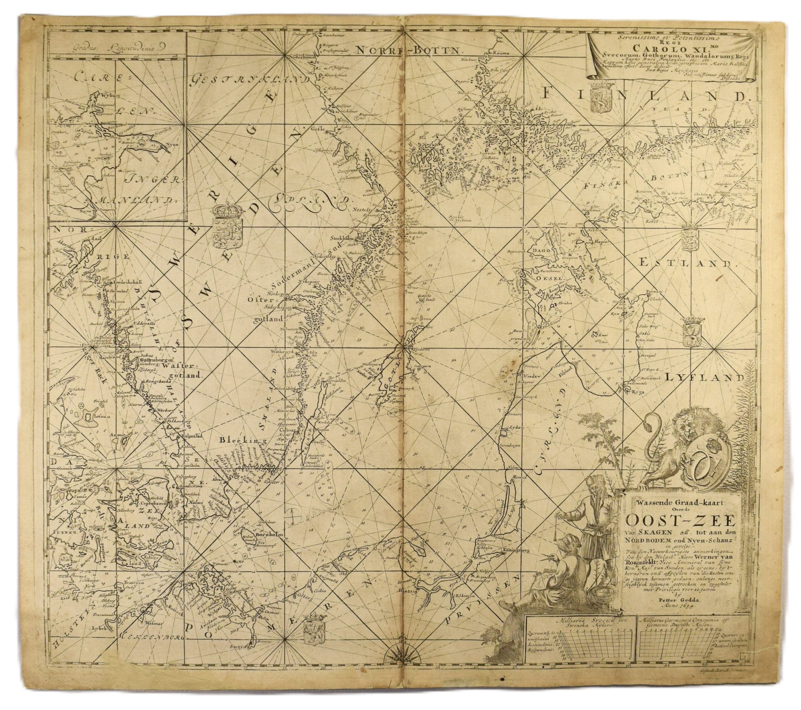 Antique hand-coloured sea chart of the Baltic Sea by Petter Gedda | Itämeren merikortti | Sjökort över Östersjön