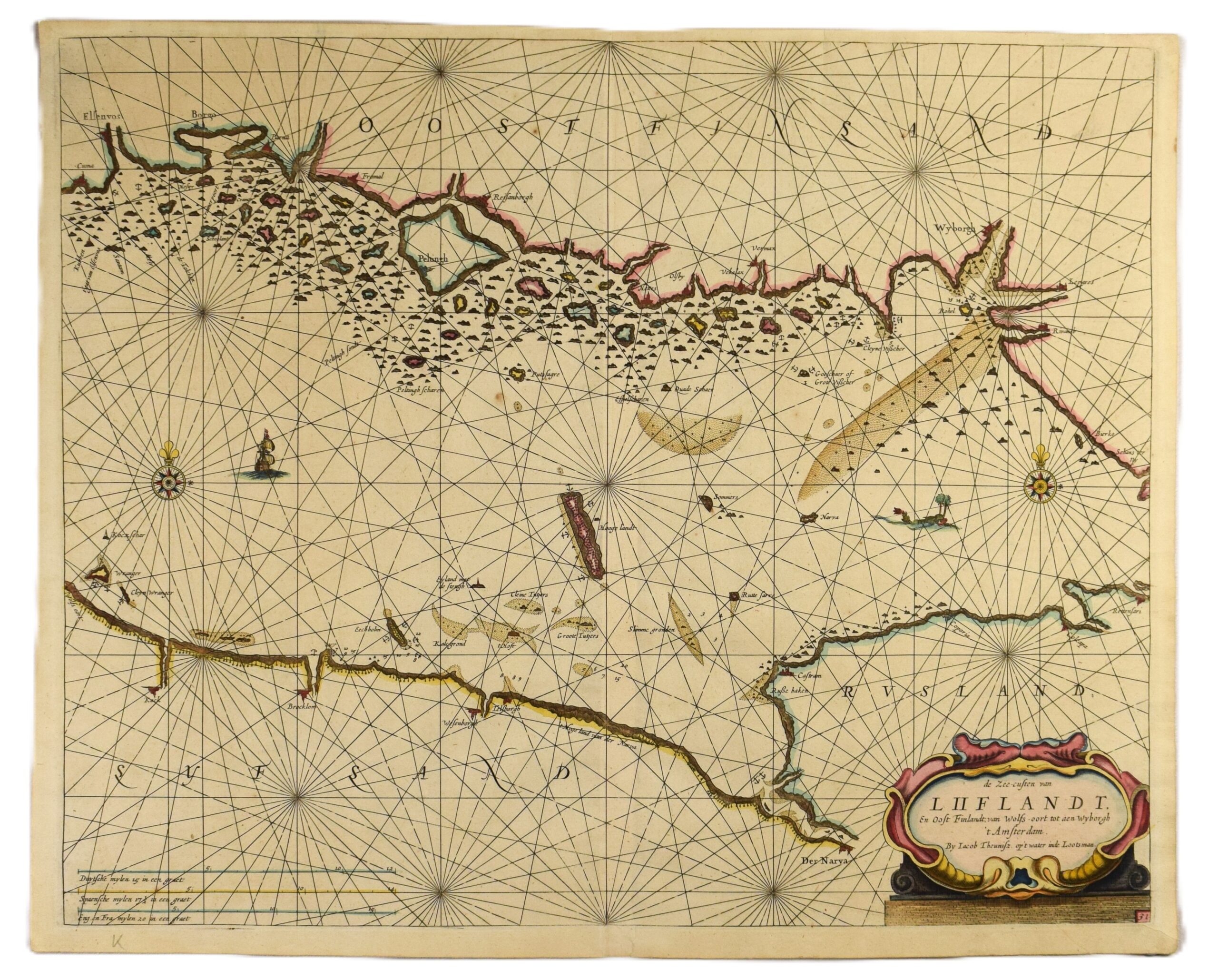 Antique hand-coloured sea chart of the Gulf of Finland by Lootsman | Suomenlahden merikortti | Sjökort över Finska viken 1663